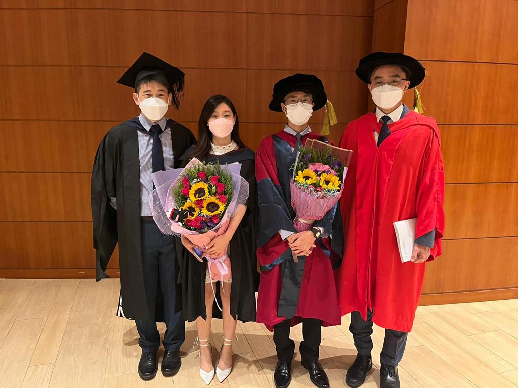 Dr Lee (right) and Dr Chan (2nd from right), who was conferred his PhD degree at the HKU Congregation Ceremony in June 2022.